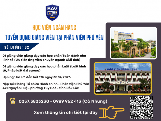 Học viện Ngân hàng tuyển dụng giảng viên tại Phân viện Phú Yên