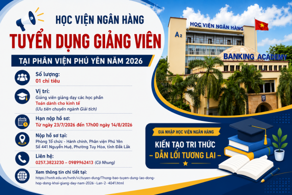 Học viện Ngân hàng – Phân viện Phú Yên tuyển dụng giảng viên năm 2026