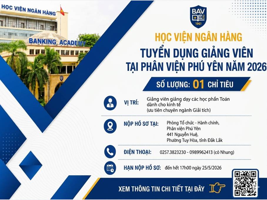 Học viện Ngân hàng tuyển dụng giảng viên tại Phân viện Phú Yên năm 2026