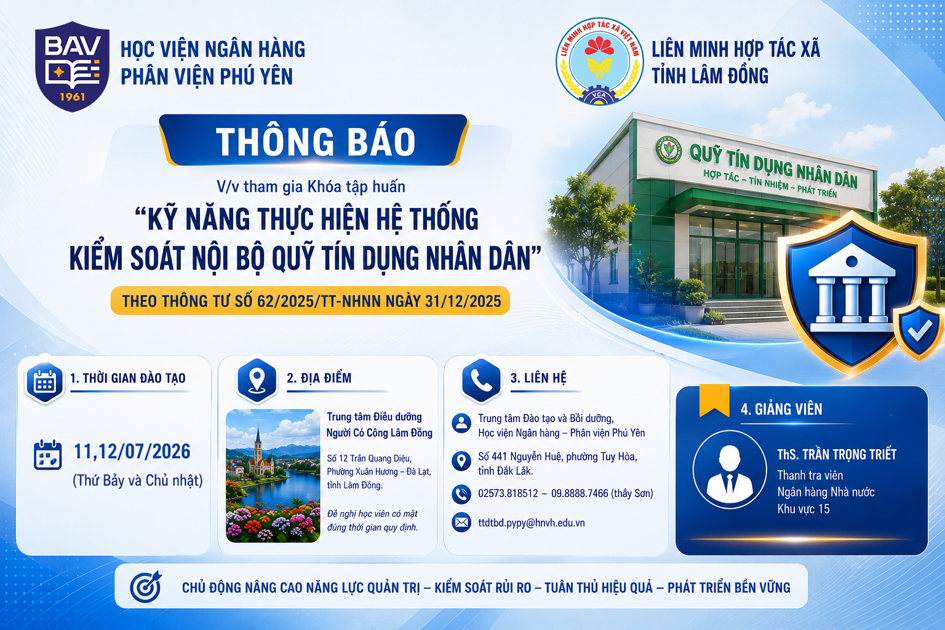 Thông báo triệu tập học viên tham gia khóa tập huấn “Kỹ năng thực hiện hệ thống kiểm soát nội bộ Quỹ tín dụng nhân dân theo Thông tư 62/2025/TT-NHNN”