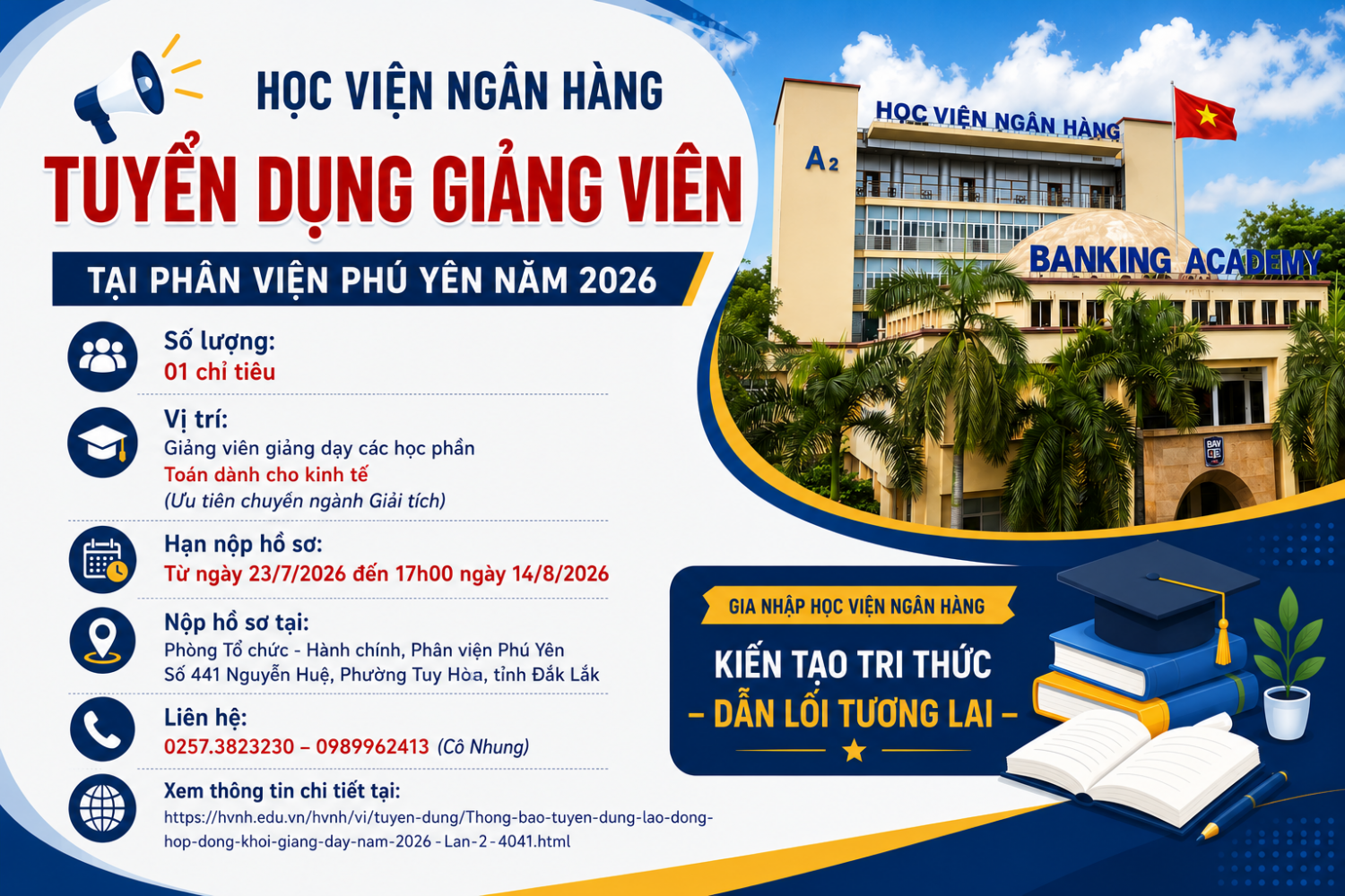 Học viện Ngân hàng – Phân viện Phú Yên tuyển dụng giảng viên năm 2026
